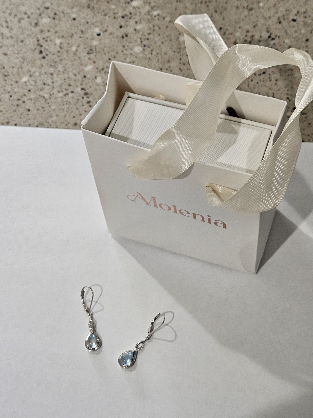 NWT Molenia Silver Zirkonias Blue Stone Drop Earrings Feminine Wedding Party - Picture 2 of 7